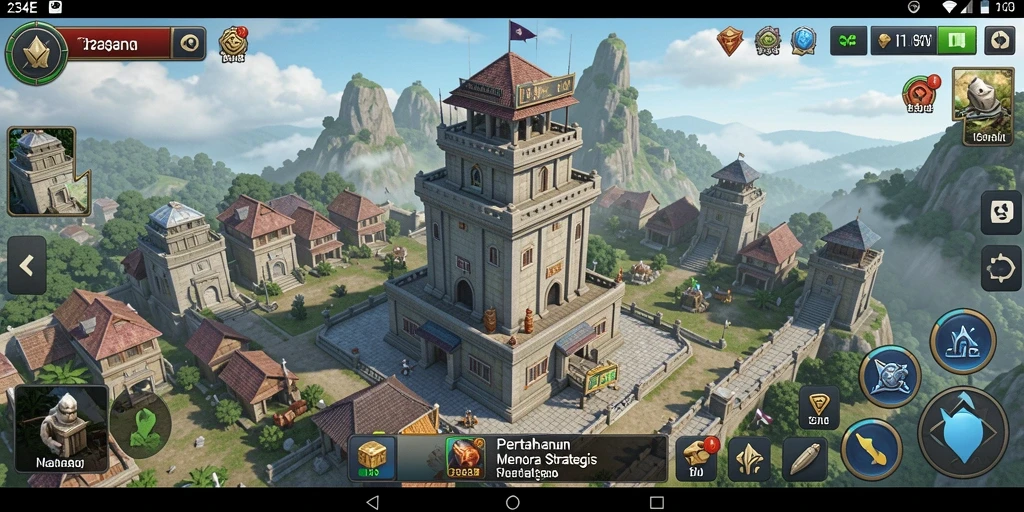 Screenshot gameplay 234E yang menampilkan pertahanan menara yang strategis.