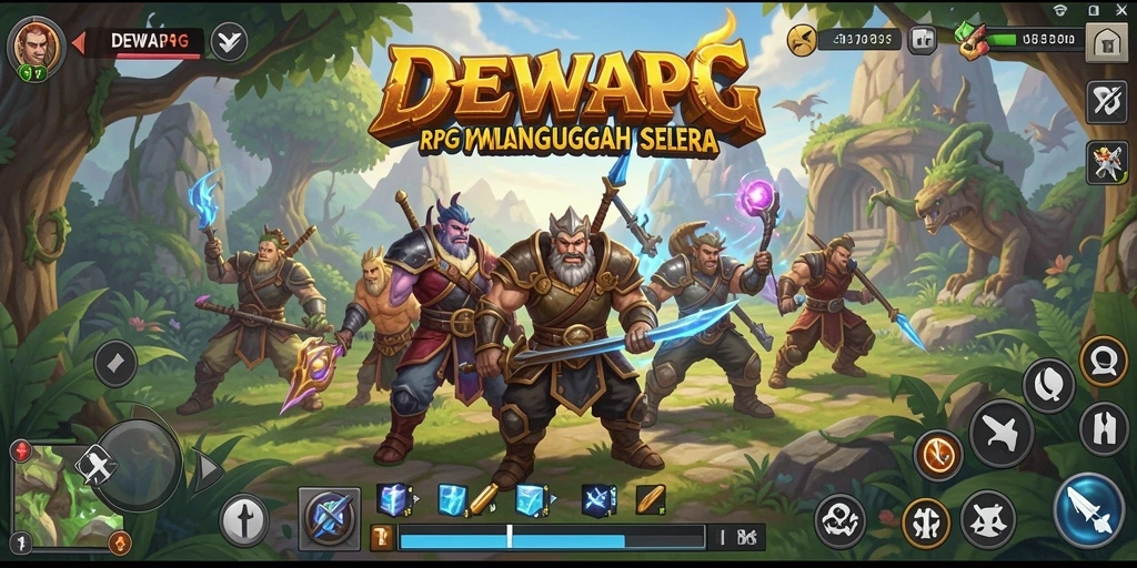 Screenshot gameplay DEWAPG menunjukkan pertarungan epik dan dunia yang menakjubkan.