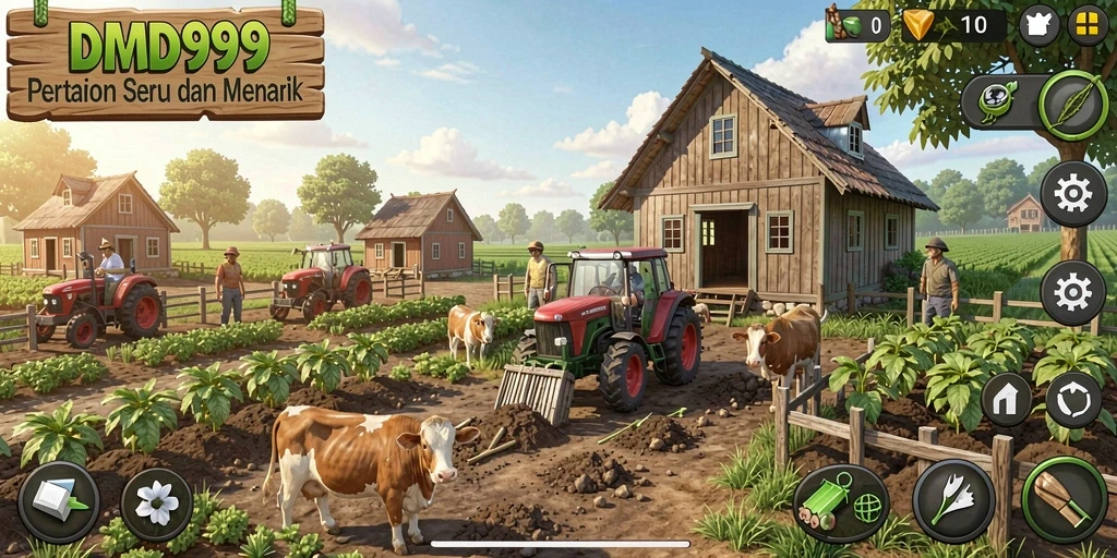 Screenshot gameplay DMD999 menunjukkan ladang yang subur dan aktivitas bertani.