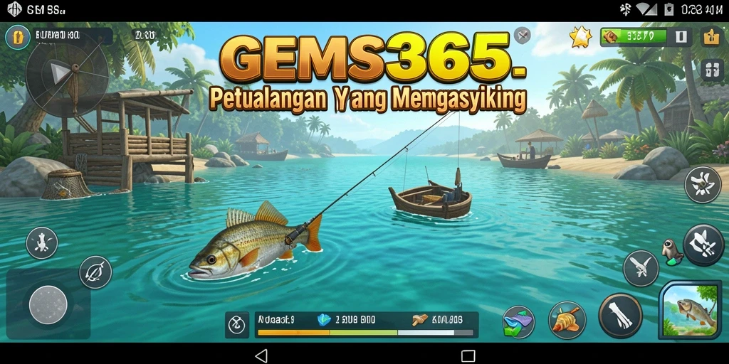 Screenshot gameplay <strong>GEMS365</strong> menunjukkan keseruan memancing di suasana yang tenang.