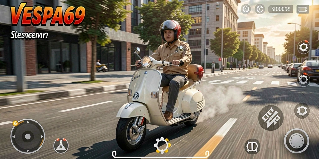 Tampilan gameplay VESPA69 dengan berbagai model Vespa dan lingkungan menarik.